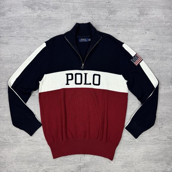 Polo Ralph Lauren Mens 1/4 Zip Sweater USA Flag Colorblock Spellout Sz L PREPPY - Picture 2 of 12